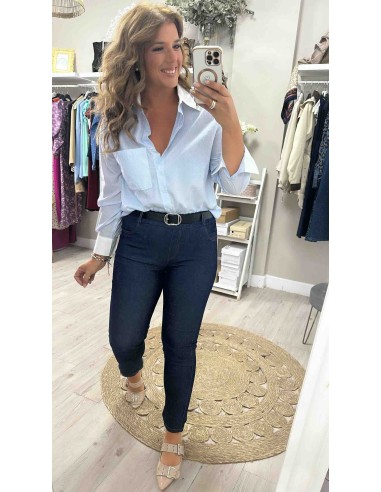 Camisa strass rayas cuello blanco