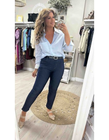 Camisa strass rayas cuello blanco