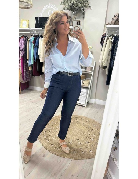 Camisa strass rayas cuello blanco