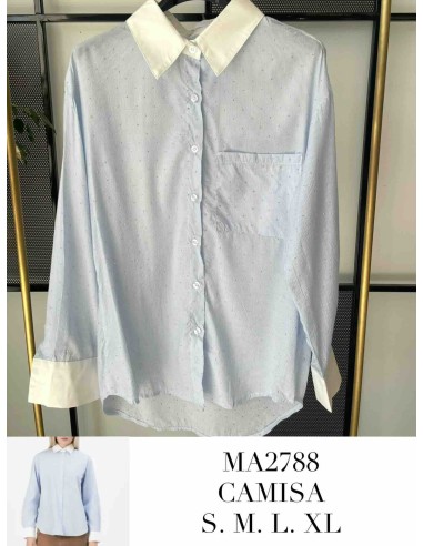 Camisa strass rayas cuello blanco