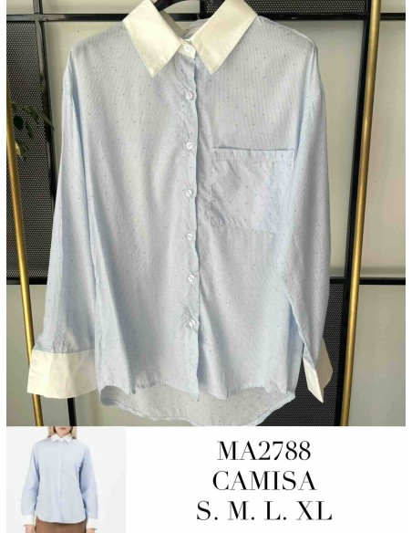 Camisa strass rayas cuello blanco